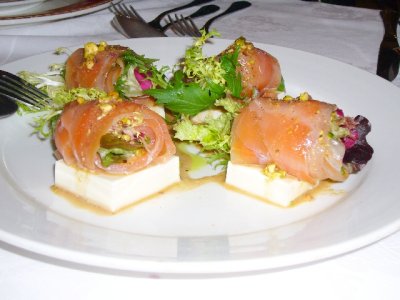 smoked salmon wrapped with vegi and put on bean curd
