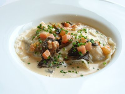 Langoustine ravioli with sweetbreads wild mushroom in delicate shellfish sauce