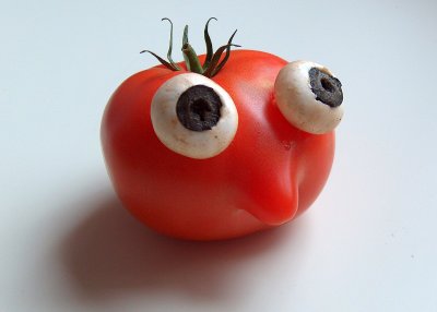 Nose tomato with mushroom & olive eyes