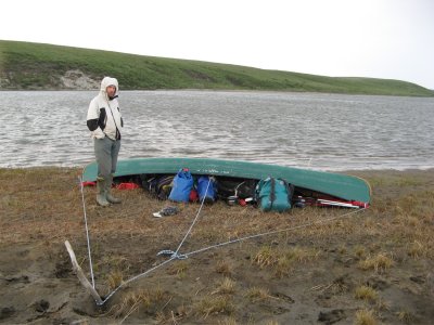 Tied so wind can't take it; windbound at Mud Camp