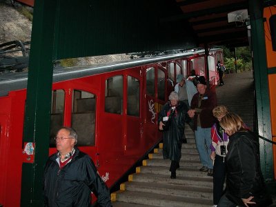 Alighting from the cog wheel train after descent from Mt Pilatus