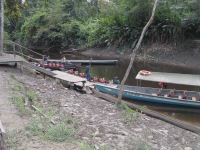 Small dugout canoes for our trip up the channel to the Napo Wildlife Center