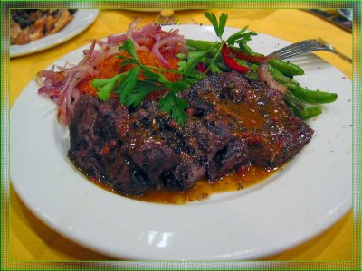 Ostrich Steak Under Peppercorn Sause & Yucca Cakes, Holy Smokes ! Nice