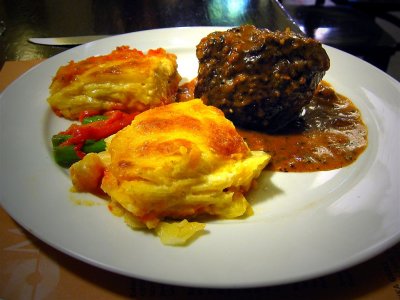 Monstrous Meat Ball With Potato & Cheese Gratinee, Cuzco