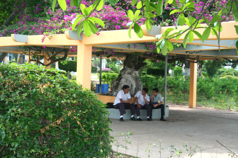 Schoolboys taking a break in the park.