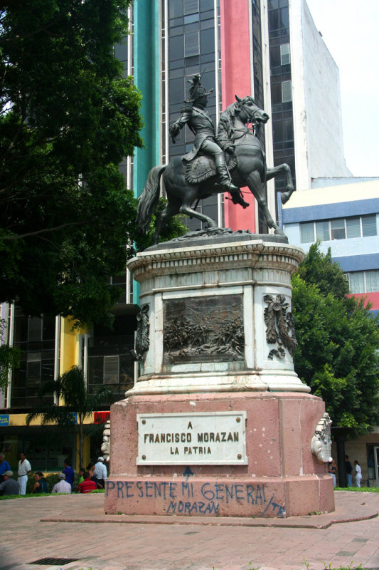 Statue in Parque Central of Francisco Morazan on horseback.  He was Honduras hero of independence.