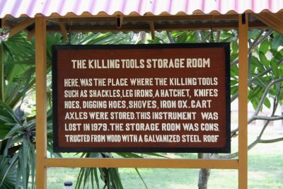 Sign indicating the Killing Fields storage room for tools that were used to murder people.
