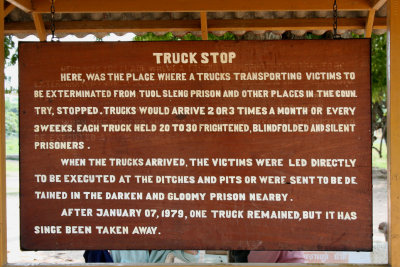 Sign indicating the truck stop where prisoners were dropped off.