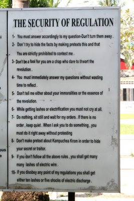 Sign listing the Tuol Sleng Prison regulations.