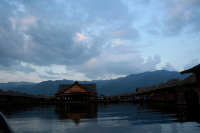 View from the boat of my hotel (the Paradise Inle Resort) at dusk.