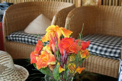 This colorful bouquet of flowers were in the hotel lobby.