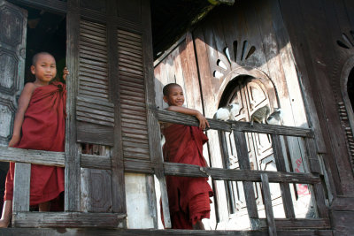 Young monks and cats hanging out at the Nyaung Shwe Monastery.