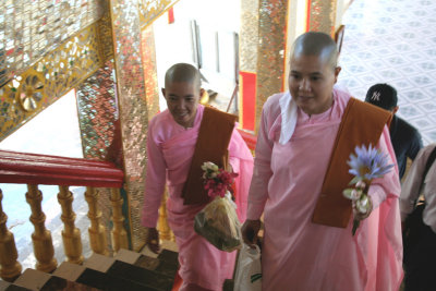 These nuns were heading up the stairs to the pagoda.