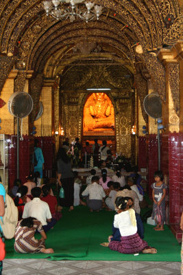 Interior of the Mahamuni Pagoda, the most sacred shrine in Myanmar hosting the Mahamuni image (built by King Bodawpaya in 1784).