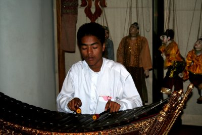 There were some interesting Myanmar puppets on display behind the musician.