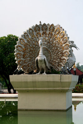 Peacock sculpture adorning the front of the Mandalay Hill Resort Hotel.