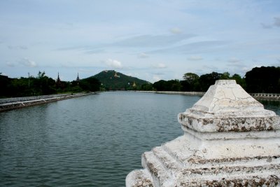 View of the moat with Mandalay Hill in the distance.