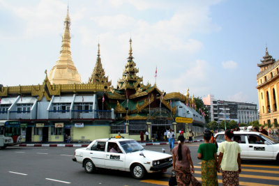 The Sule Pagoda is in the background in this bustling part of Yangon.