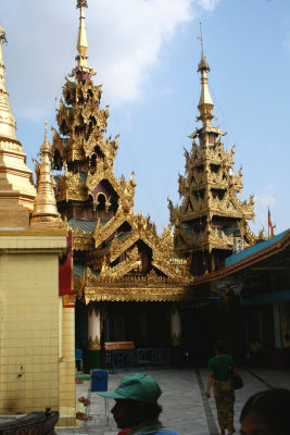 Two beautiful spires next to the main stupa of the Sule Pagoda.