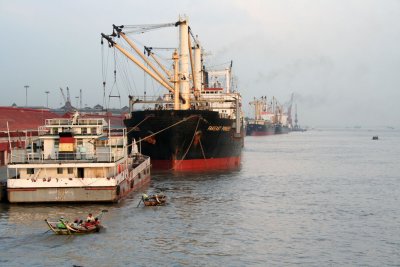 Large ships on the Yangon River.