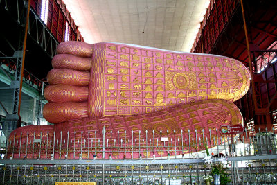View of the soles of the Buddha's feet with the distinguishing markings on them.