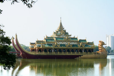 View of Karaweik Hall, a floating barge on the Royal Lake in Yangon.