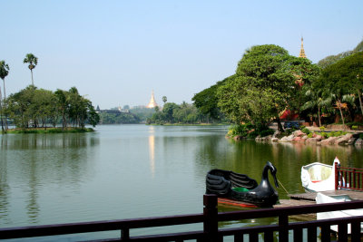 View of the Royal Lake with the Shwedagon Pagoda in the background.