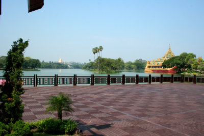 A distant view of the Royal Lake with Karaweik Hall in the backgound to the right.