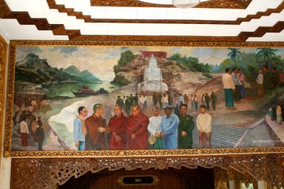 The monolithic marble Buddha image was brought down the Ayeyarwaddy River to its present location on top of Minn Dhamma Hill.
