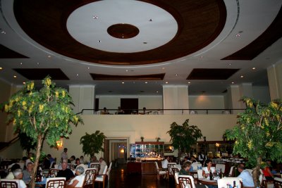 The hotel's restaurant with a view of the ceiling design.