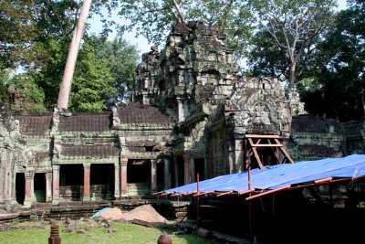 Interior of Ta Prohm, which is in a sad state of disrepair because voracious trees have overtaken it.