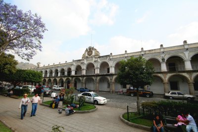 View from the south side of Antigua's Parque Central of the Palace of the Captains-General.