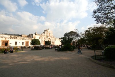 View in the background of the Cathedral of Santiago located on the east side of Antigua's Parque Central.