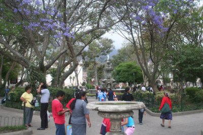 People in front of a bird bath in Parque Central.