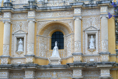 View of the exquisite upper faade of La Merced, the most intricately decorated faade in all of Antigua.