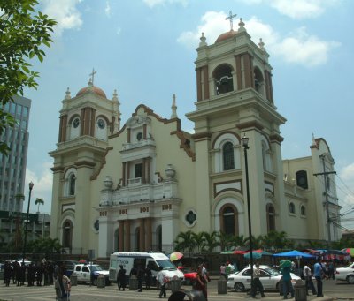 A close-up of the façade of the the Metropolitan Cathedral. It was built in 1949 and was recently renovated.