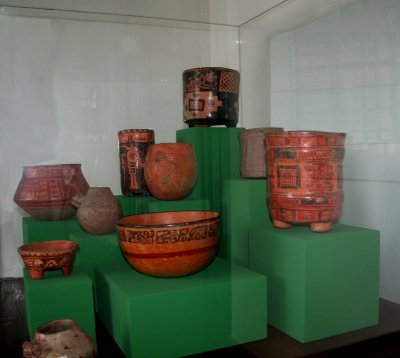 Pre-Columbian pots and bowls on display at the Museum of Anthropology.
