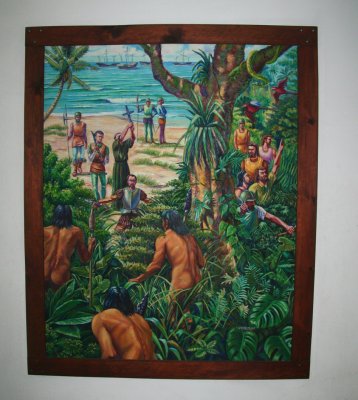 A painting depicting the arrival of Spanish conquistadors on the shores of Honduras with Indians coming out of the forest.