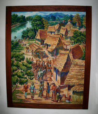 This painting depicts Spanish conquistadors mingling with some Indians in their village.