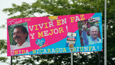 Sign for now central-left Daniel Ortega. In 2006, he won the presidency again with 38% of the popular vote.