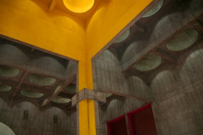 Corner of the interior of the cathedral with skylights overhead.