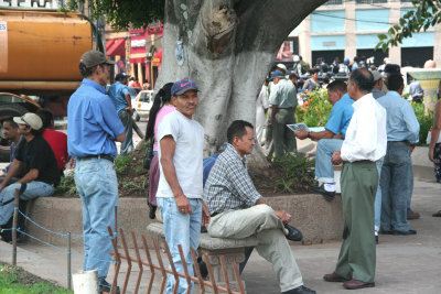 Honduran men passing time together in Parque Central.