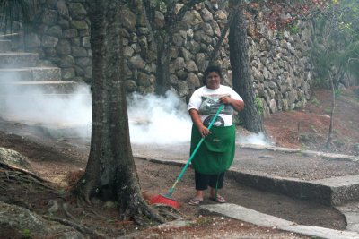 This woman was sweeping up pine needles and burning them.