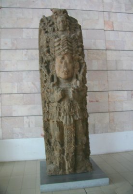 This Mayan sculpture is located in the lobby of the Honduras Maya Hotel.