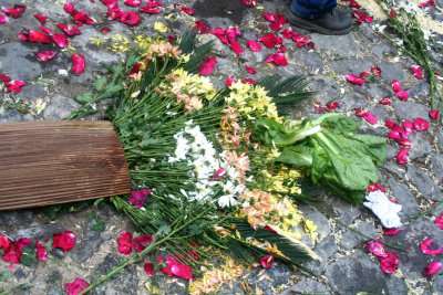 These flowers, palm bark and lettuce leaves symbolize the demise of the carpets after the procession.