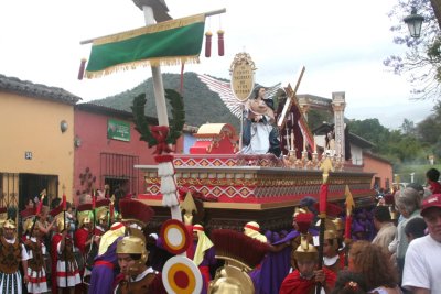 The floats, such as this one, depict religious scenes.