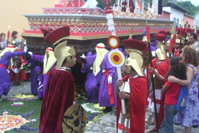 The lead float was surrounded by Roman soldiers, as in the time of Christ.