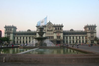 View of a fountain in Plaza Mayor in front of the National Palace.