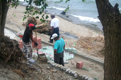 These workmen were making a cobblestone path along the shoreline in Panajachel.