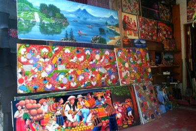 While not as much as Panajachel, Santiago had lots of tourists shops like this one with Guatemalan paintings.